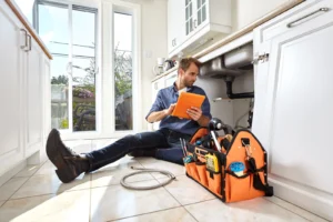 Plumbing technician working under a sink.